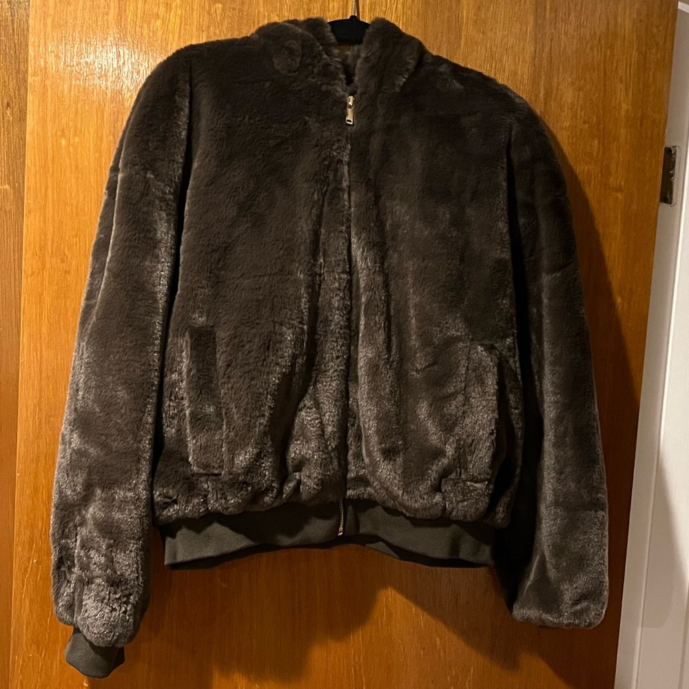 Brown faux fur hooded jacket